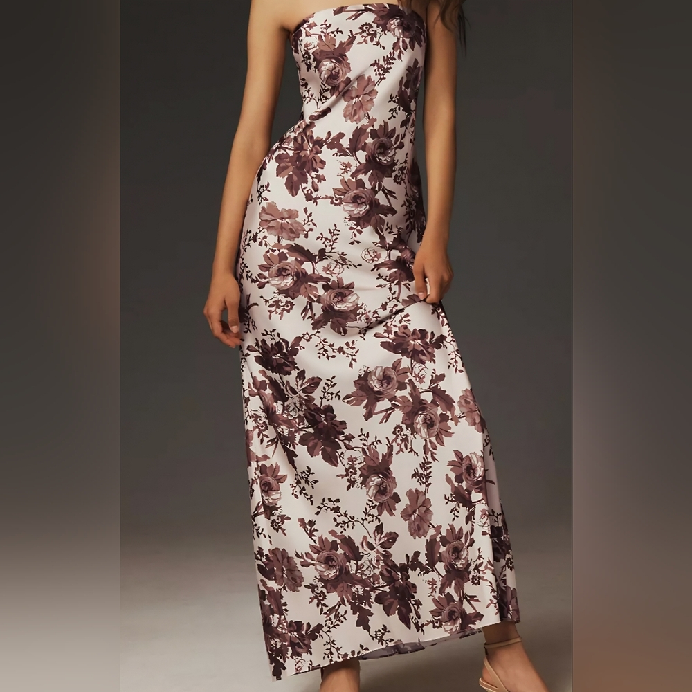 BHLDN Strapless Floral Maxi Dress in Cream and Brown